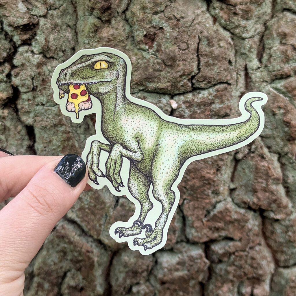 sticker of a dinosaur with a pizza slice in the mouth.