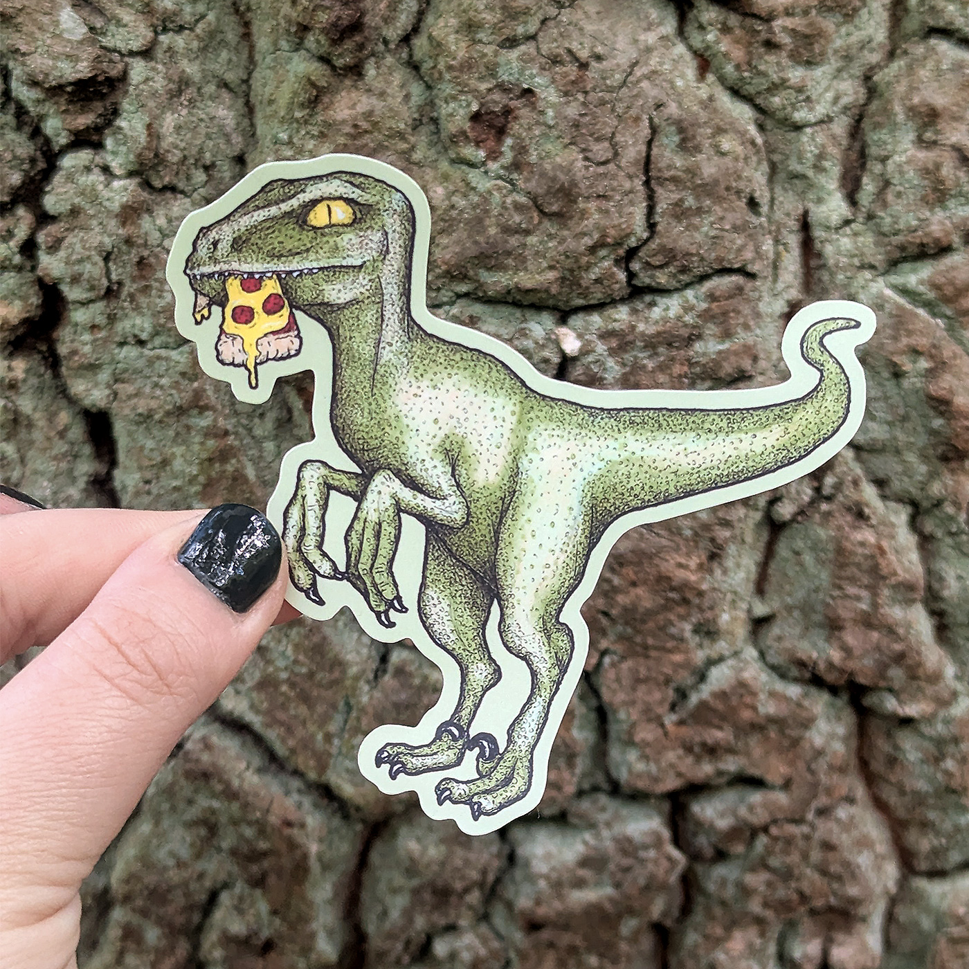 sticker of a dinosaur with a pizza slice in the mouth.
